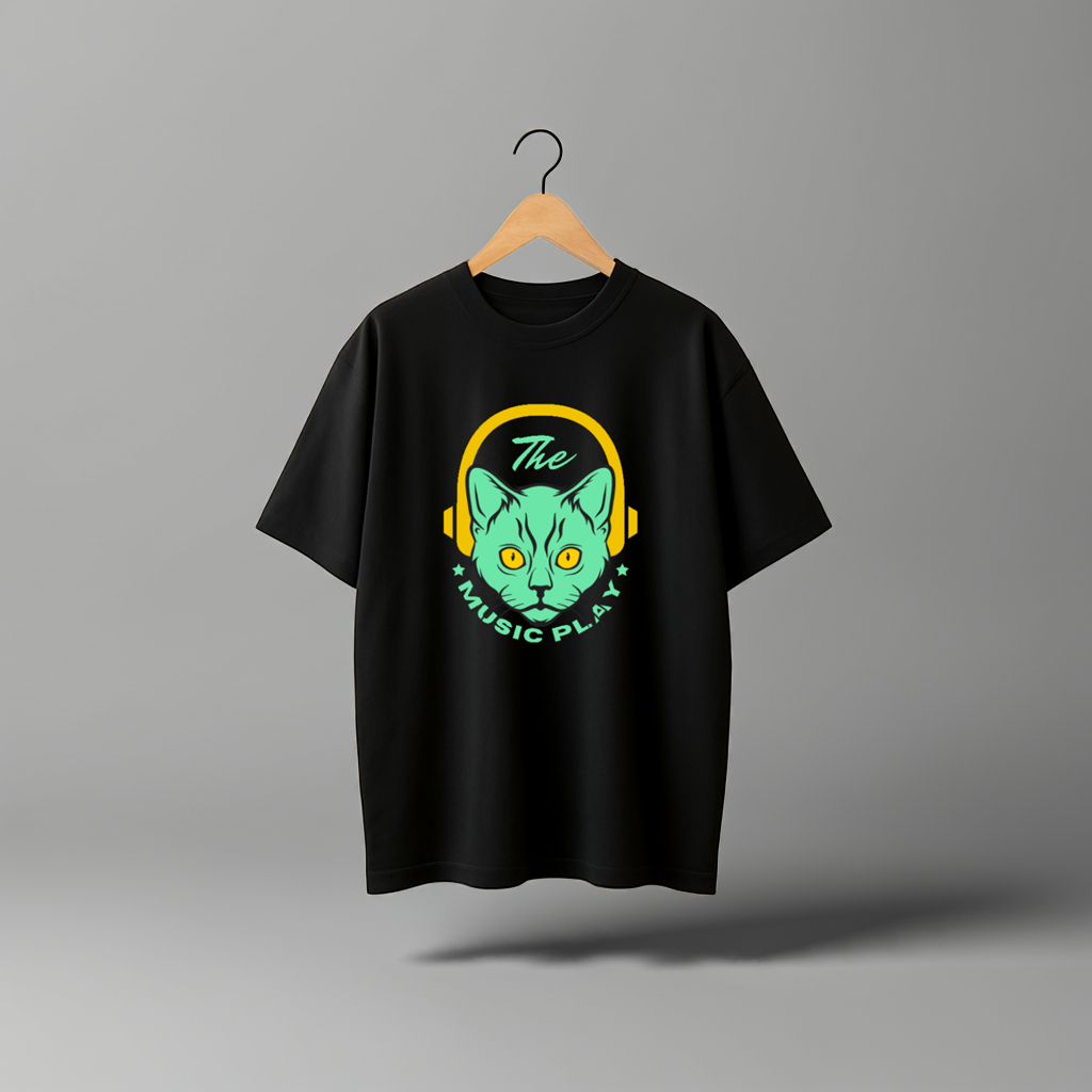 Neon Music Cat Oversized T-Shirt (240GSM Material) - Streetwear Aesthetic Vintage TeeMusic Cat Graphic T-Shirt