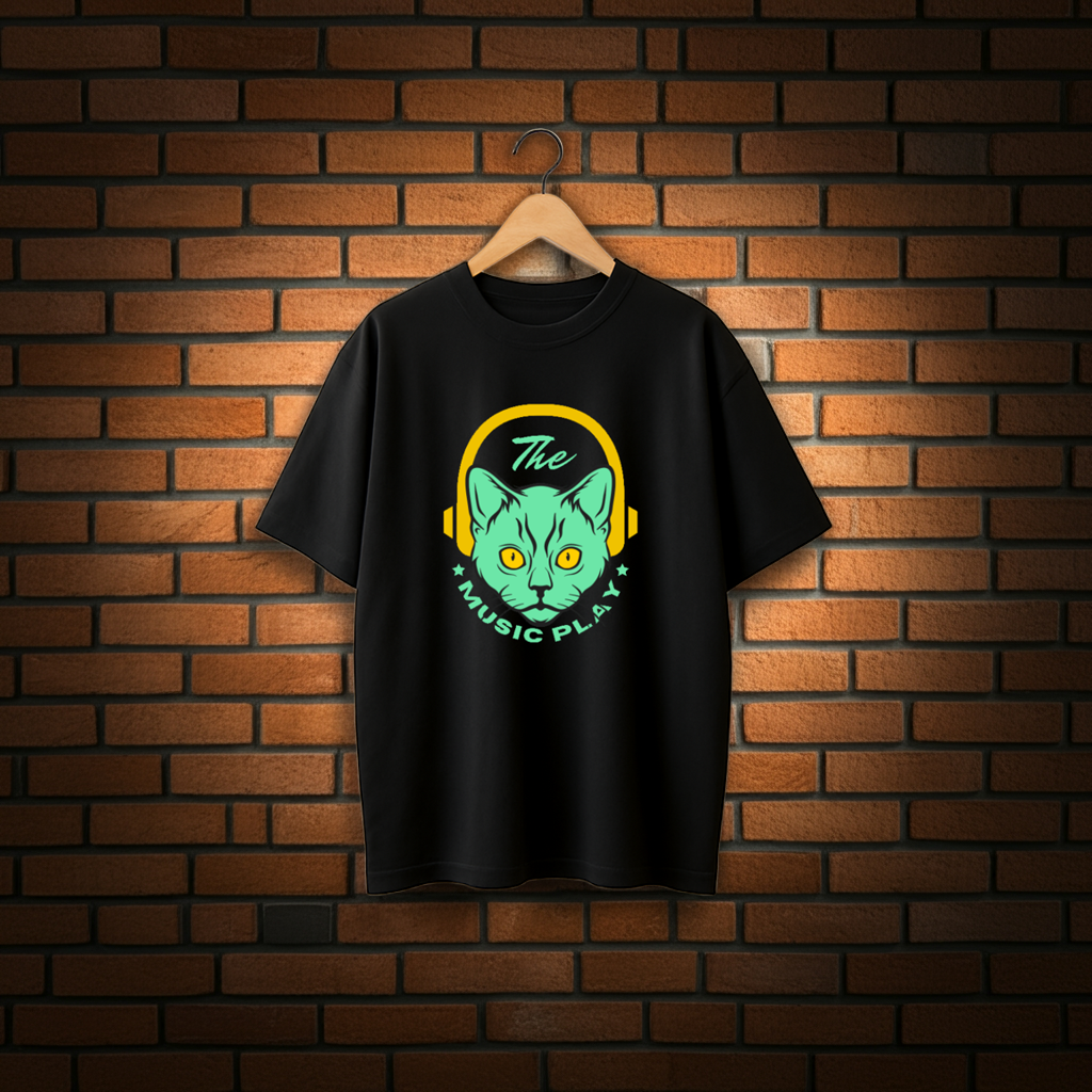 Neon Music Cat Oversized T-Shirt (240GSM Material) - Streetwear Aesthetic Vintage TeeMusic Cat Graphic T-Shirt