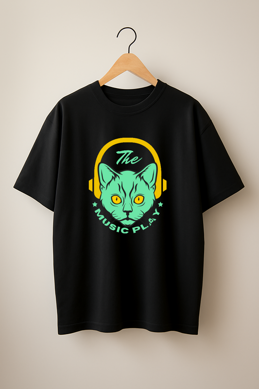 Neon Music Cat Oversized T-Shirt (240GSM Material) - Streetwear Aesthetic Vintage TeeMusic Cat Graphic T-Shirt